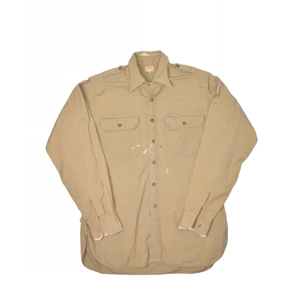 Vintage Sanforized Shirt Mens 15.5 Khaki Poplin Cameron Camolot Military USA